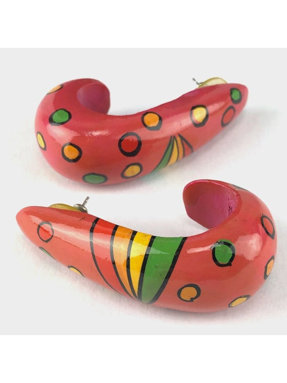 Vintage 1980's Pink Polka Dots and Rainbows Wood Earrings